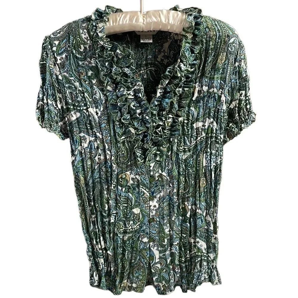 Allison Taylor Crinkled Ruffled Vneck Sheer Blouse, Size L, Green, Teal & White